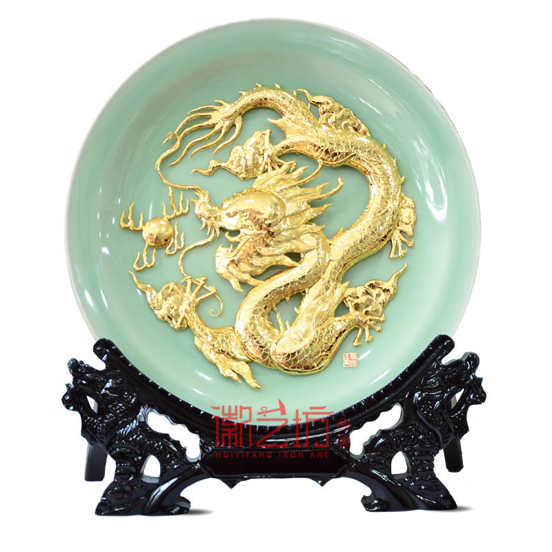 金龍龍泉青瓷蕪湖鐵畫擺件 國家級非物質(zhì)文化遺產(chǎn)安徽特色手工藝術品
