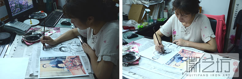 鐵畫設計大師李愛平正在手繪畫稿