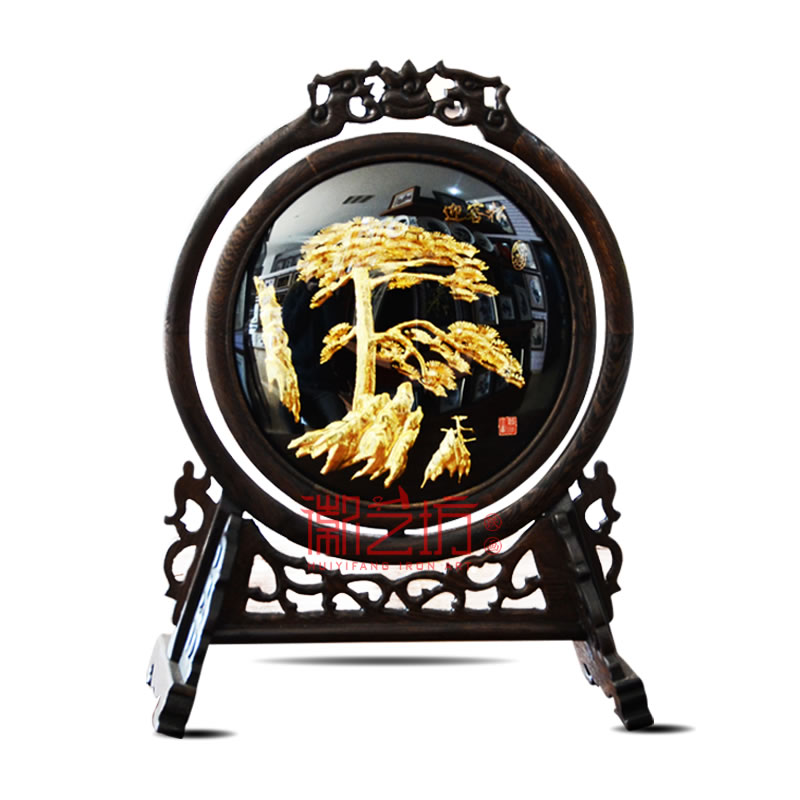 古典臺屏雙面鍍金鐵畫迎客松+馬到成功 商務會議饋贈禮品 安徽特色手工藝術